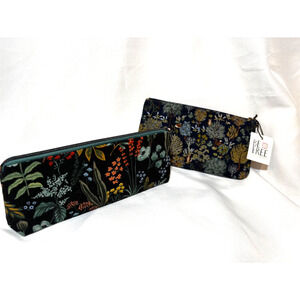 2 Womens Thin Clutch Botantical Pencil Makeup Bags Garden Black Floral‎ Zip NWT